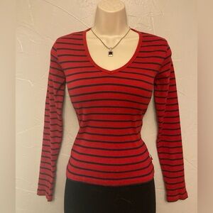 Tommy Hilfiger Striped V-Neck Red & Black Long Sleeve Top
